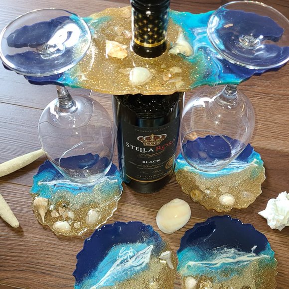 Beautiful Beachy Handmade Wine Caddy with Matching Coasters - Picture 2 of 7